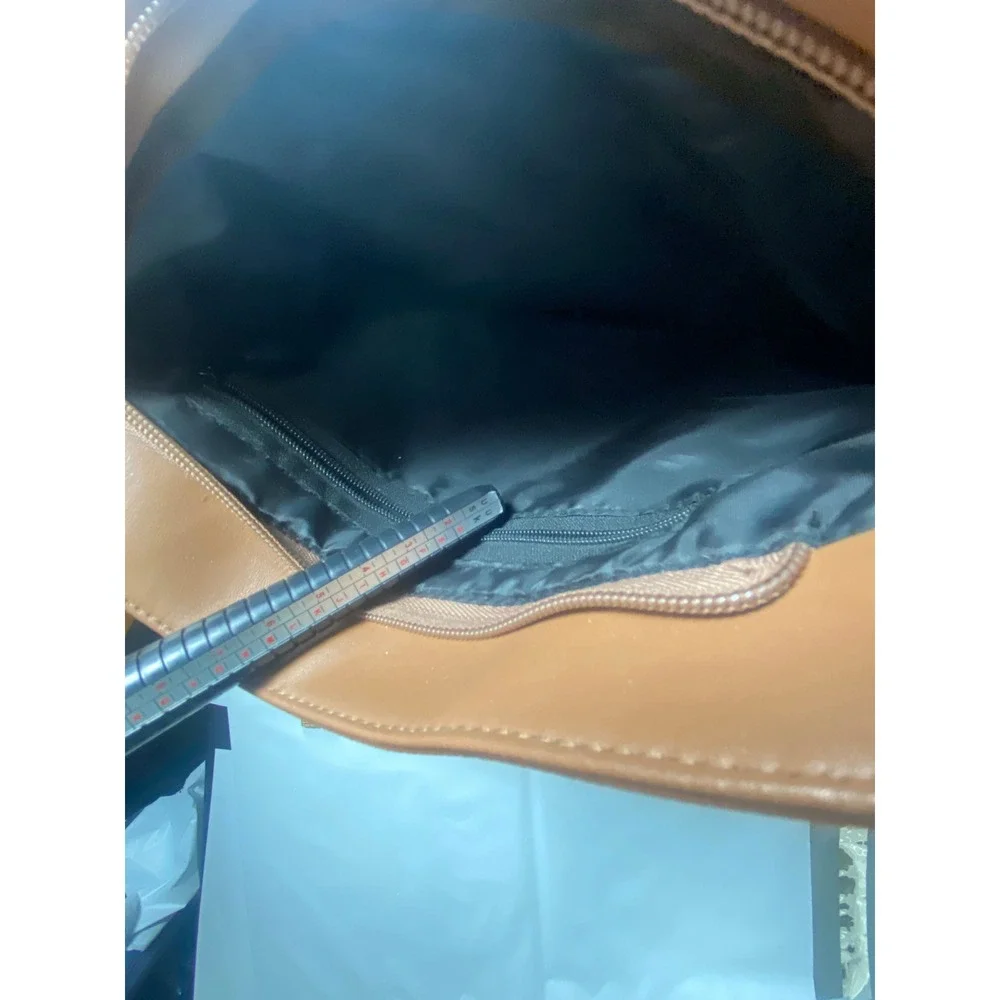 Brown Leather Patchwork Crossbody Bag Adjustable‎ Strap Zip Pockets